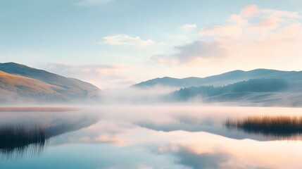 Obraz premium Misty Morning Lake with Mountain Reflections