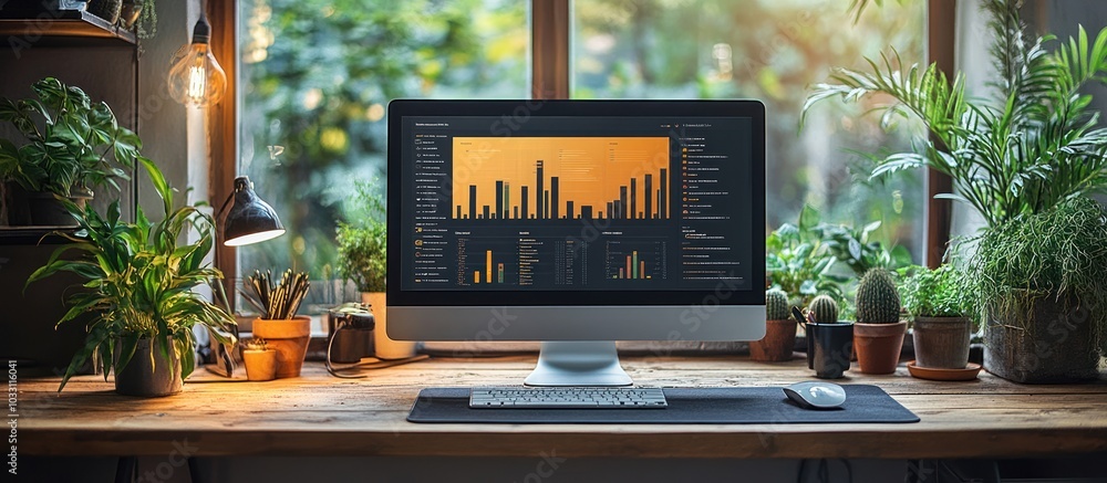 Poster a workspace featuring a computer displaying data analytics amidst indoor plants.