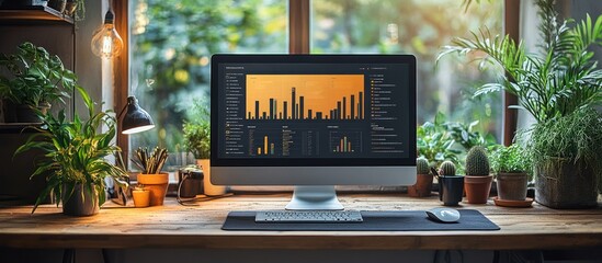 A workspace featuring a computer displaying data analytics amidst indoor plants.