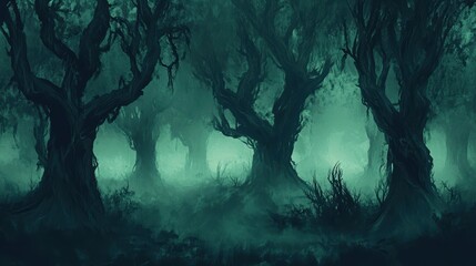 Fototapeta premium eerie halloween woods with misty atmosphere and twisted trees horror concept ai generated illustration