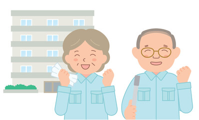 作業着を着たシニアの清掃スタッフ