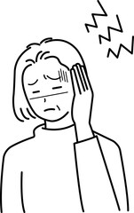 頭痛がするシニア女性のイラスト　線画のみ