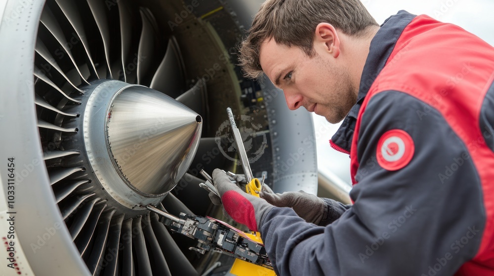 Aufkleber a mechanic performing an engine safety check on a jet, using specialized tools to ensure engine perf