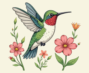 Cute hummingbird flowers Cartoon Color For Kids
