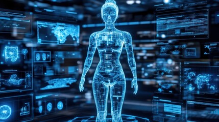 Wireframe Human Model Surrounded by Digital Displays