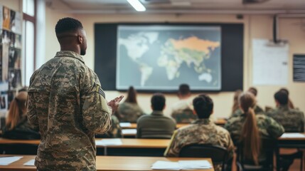 A military academy class focusing on leadership training, with cadets discussing real-world scenarios and problem-solving in a classroom setting