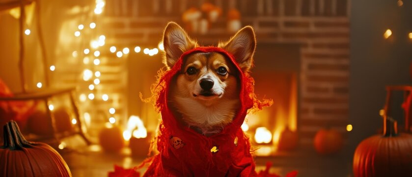 halloween costume dog pets web banner cute yorkshire terrier dog dressed little red riding hood sitting near pumpkins fanny halloween welsh corgi pembroke dog costume