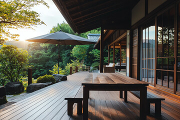 Serene outdoor seating area at sunset