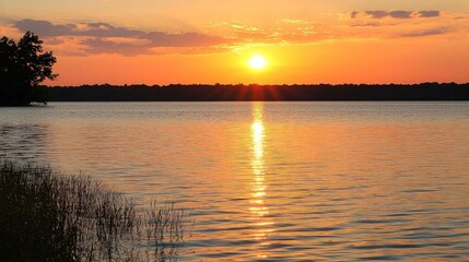 Fototapeta premium A vibrant orange sunset casts a warm glow over a still lake. The sun is sinking below the horizon, creating a beautiful reflection on the water.