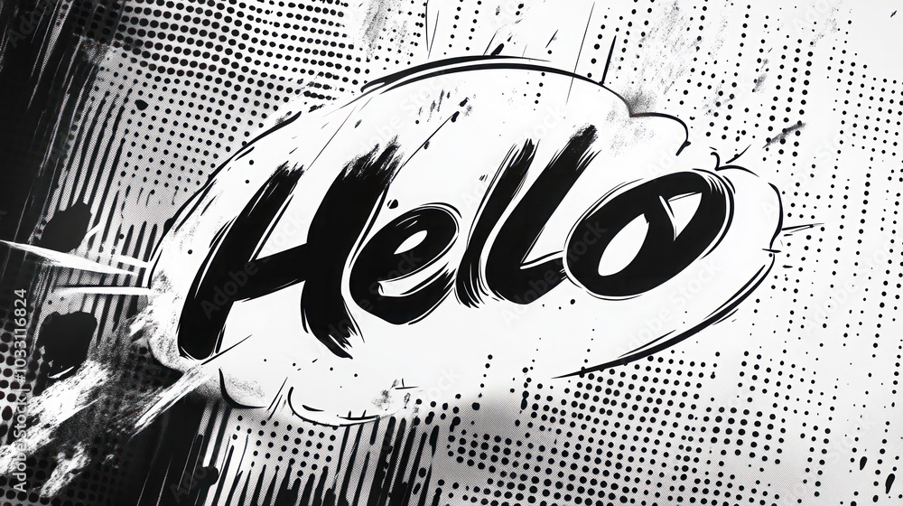 Poster black and white comic book style speech bubble with the word 