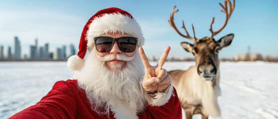 A joyful Santa Claus in sunglasses poses for a selfie with a reindeer against a snowy city backdrop.