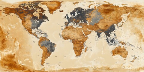 World map on paper. A detailed map of the world with high resolution and fine texture, featuring brownish tones on a white background. 