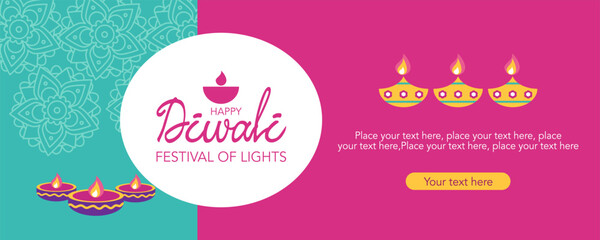 Minimalist Diwali Hindu festival of lights greeting template with oil lamp, mandala geometric green and purple background for branding, social media, greeting card, web, banner, cover, flyer or poster