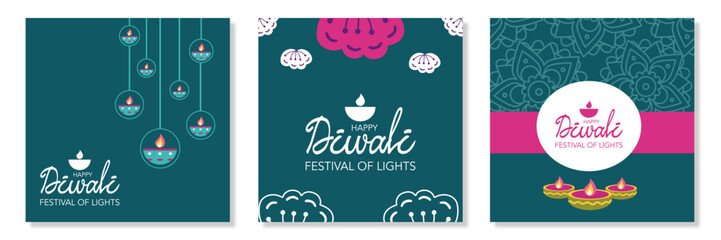 Creative Diwali Hindu festival of lights greeting template set with oil lamp, shapes, mandala and green background for branding, social media, greeting card, web, banner, cover, flyer or poster
