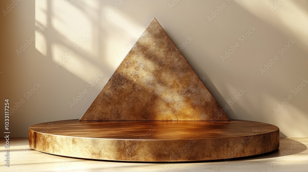 Poster a minimalist display featuring a circular base and a triangular structure against a wall.
