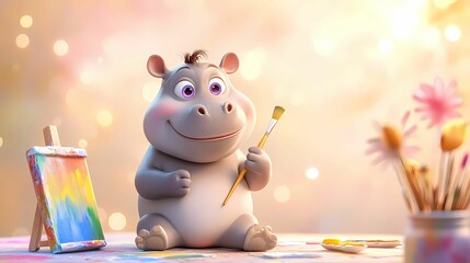 Baby hippo as a painter, sarcastic smirk, holding a paintbrush