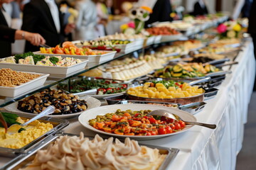 buffet foods on long table, Celebration, luxury food