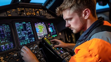 A professional aircraft technician conducting a final safety check on the cockpit avionics systems before flight