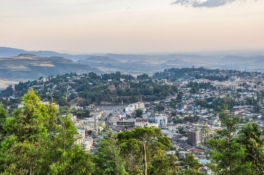 Aerial View of Gondar at Sunset, Ethiopia. The sun sets over the Ethiopian city of Gonda in the Amhara Region of northern Ethiopia, Africa.