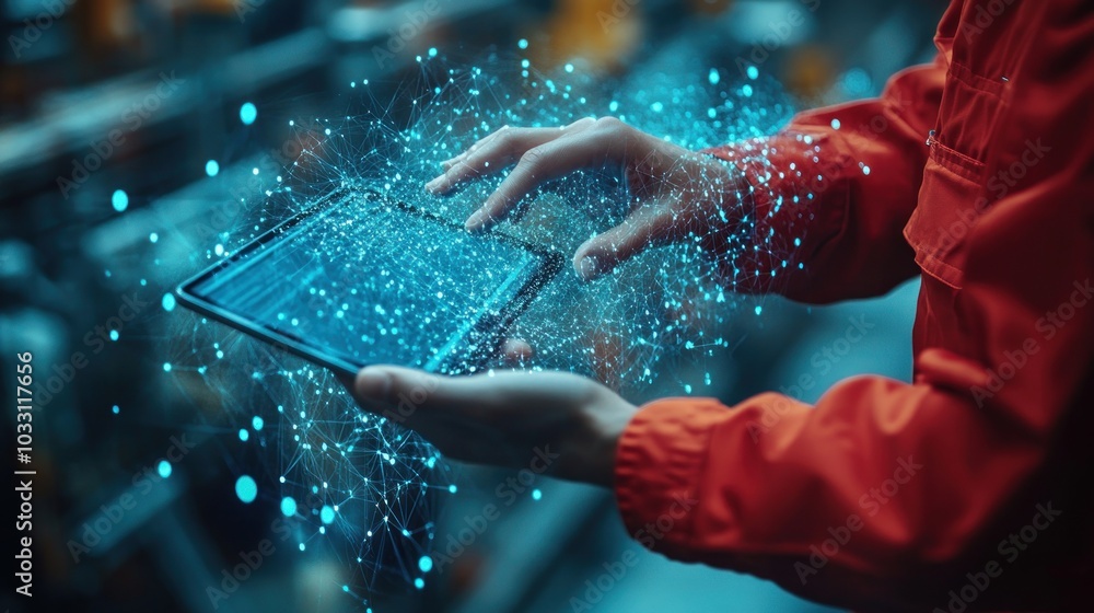 Poster a person in an orange suit interacts with a tablet displaying digital data in an industrial setting.