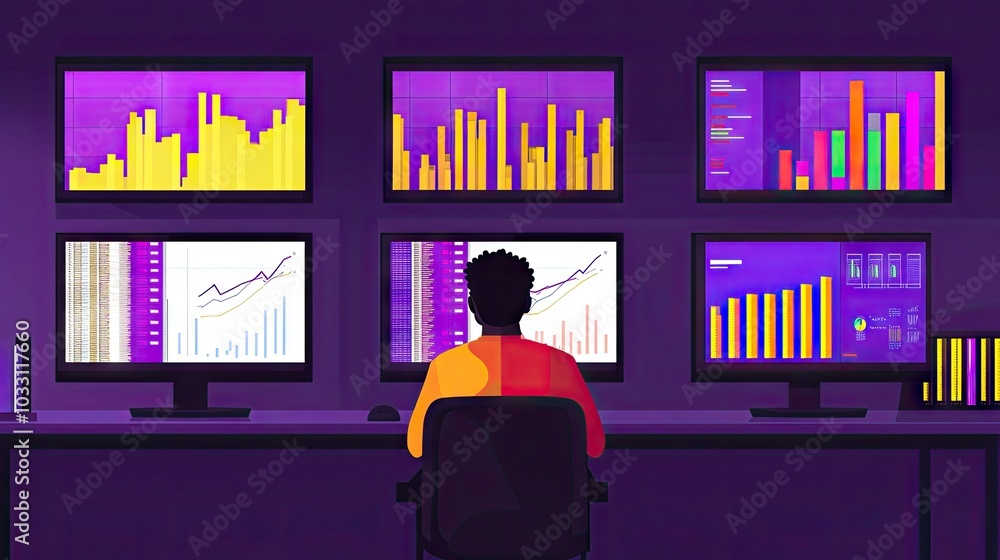 Poster a specialist operator working in a computer data center, sitting in front of several monitors filled