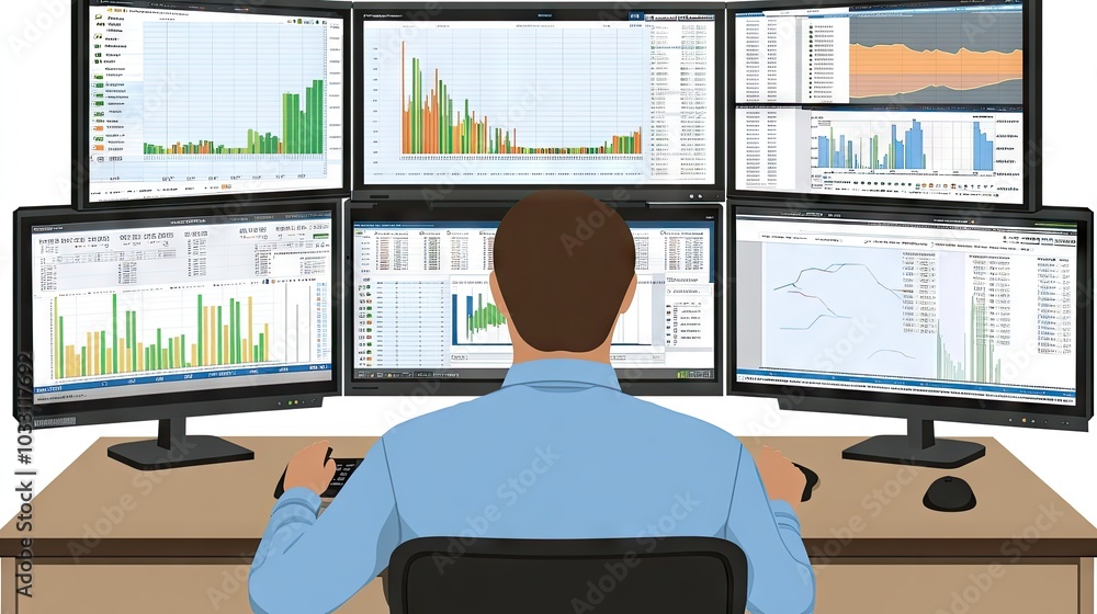 Poster a specialist operator working in a data center, sitting at a desk in front of numerous monitors with