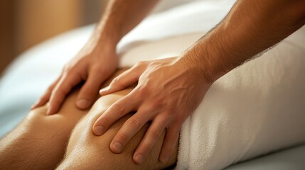 Fototapeta premium A professional masseur giving a deep tissue leg massage to a male client, focusing on muscle relaxation and pain relief in a calm, therapeutic setting