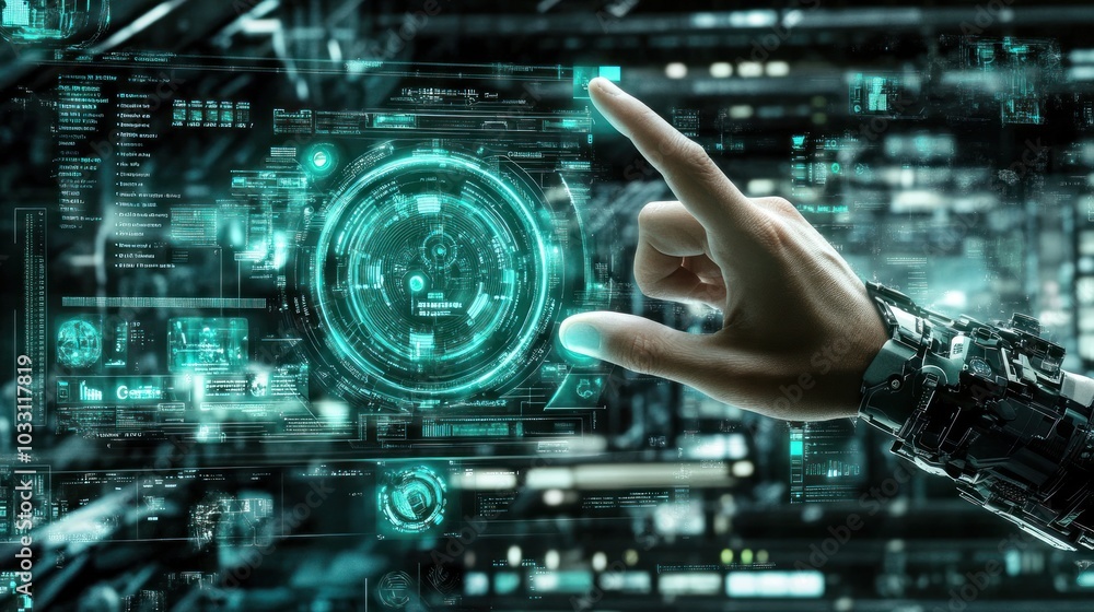 Poster a robotic hand interacts with a futuristic digital interface.