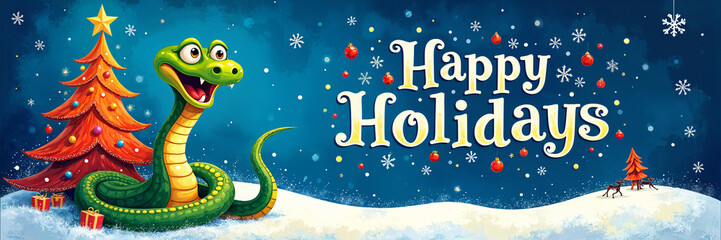 Fototapeta premium Festive holiday greeting card with a cartoon snake and Christmas trees, featuring the text Happy Holidays at the top.