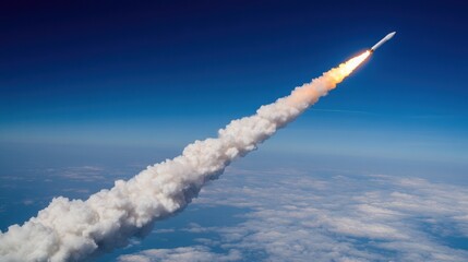 A rocket launches into space leaving a trail of smoke and fire behind it.