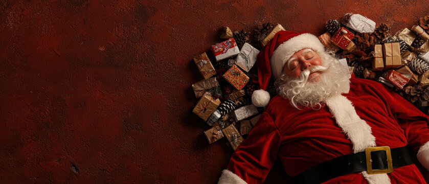 A festive scene featuring Santa Claus resting among colorful presents, capturing the spirit of Christmas and holiday cheer.