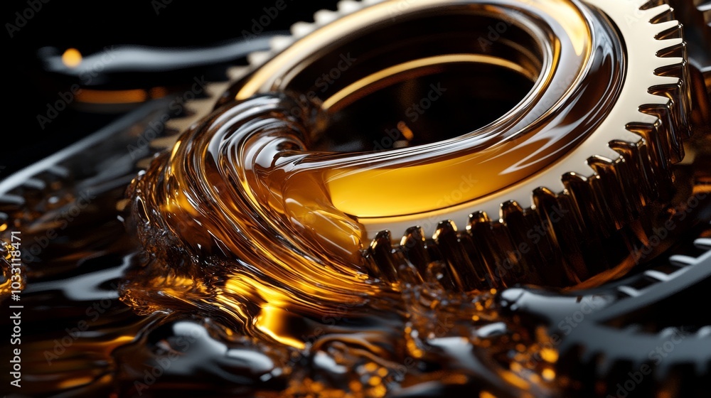 Poster a close-up of a shiny gear immersed in a fluid, emphasizing intricate details and reflections, showc