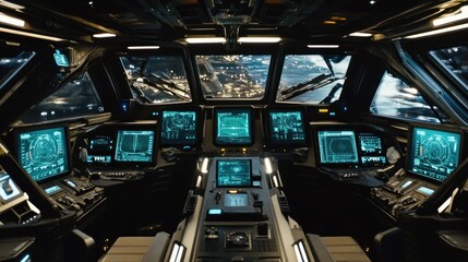 Futuristic Spaceship Cockpit with City Lights in the Distance