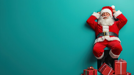 A cheerful Santa Claus in a red suit relaxes with gifts against a bright teal backdrop, embodying the festive spirit of Christmas.