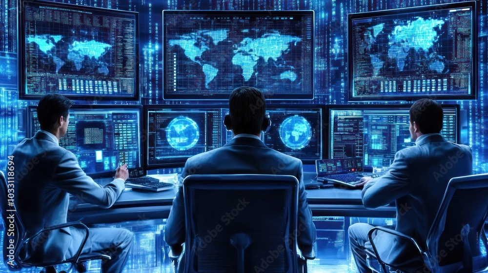 Poster Three Men in Suits Monitor Global Data on Multiple Screens
