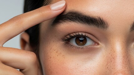 A close-up of a person's eye and brow, showcasing detailed skin texture and a finger gently resting on the brow.
