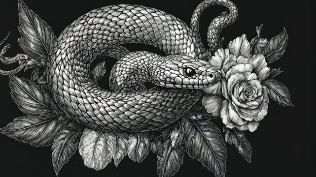 A detailed black and white drawing of a snake winding around a rose
