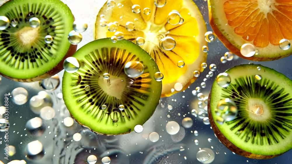 Poster slices of kiwi and lemon float in water with bubbles