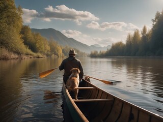Man and dog in canoe on the river. AI Generative