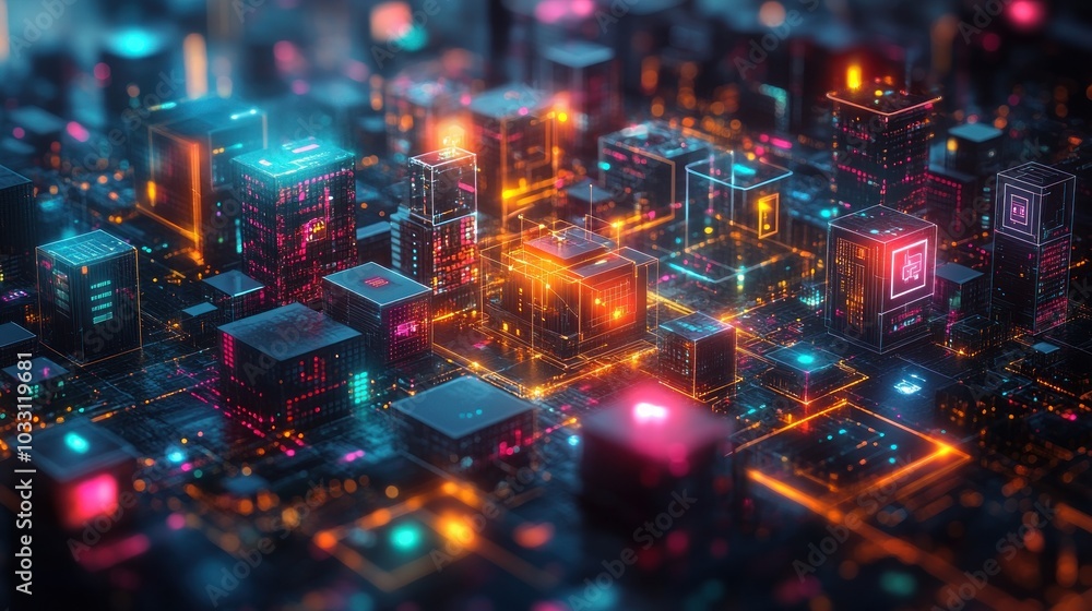 Poster a vibrant, futuristic cityscape with glowing digital elements and interconnected structures.