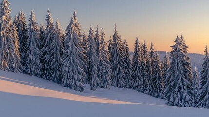 Obraz premium Snow-covered fir trees on a mountainside at sunset.
