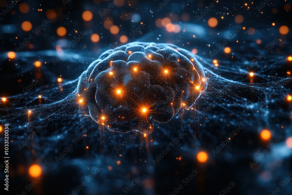 Poster a digital representation of a brain with glowing connections and particles, symbolizing intelligence