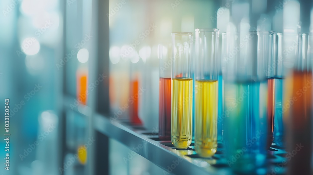 Poster a row of test tubes filled with colorful liquids in a laboratory setting