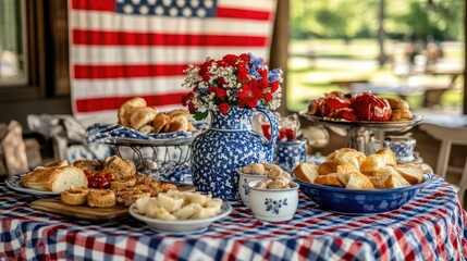 Naklejka premium Backyard barbecue party setup featuring a large American flag as the backdrop, with red, white, and blue decorations and food spread out for guests.
