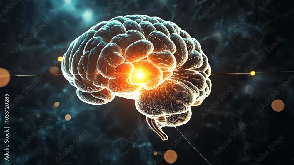 Poster a 3d rendering of a human brain with a bright light illuminating the center