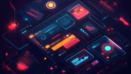 Obraz premium A dynamic digital illustration of an online shopping experience, with credit card symbols and glowing web pages floating around it. The background is dark 