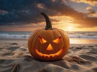 pumpkin Jack o lantern on the beach background. AI Generative