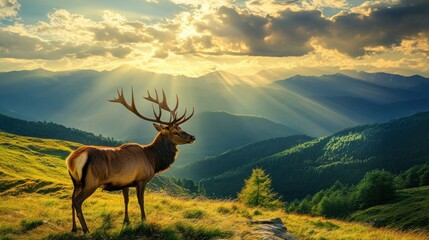 Fototapeta premium A majestic deer stands on a grassy mountaintop, silhouetted against a vibrant sunset with sun rays piercing through the clouds and highlighting the majestic mountain range in the background.