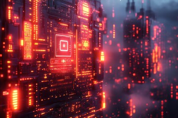 Obraz premium A futuristic digital landscape featuring glowing circuitry and structures.