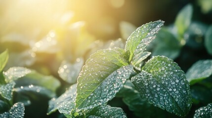Close-up of fresh green mint leaves with dew drops in the morning sunlight.